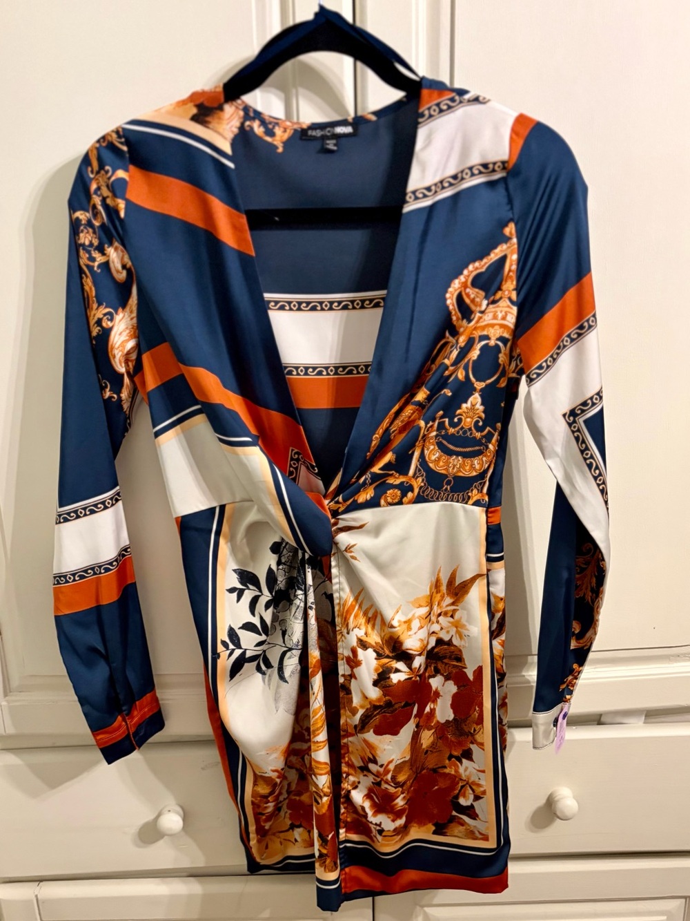 Satin Navy, Rust & Cream Twist-Front Printed Dress Small - Picture 2 of 6